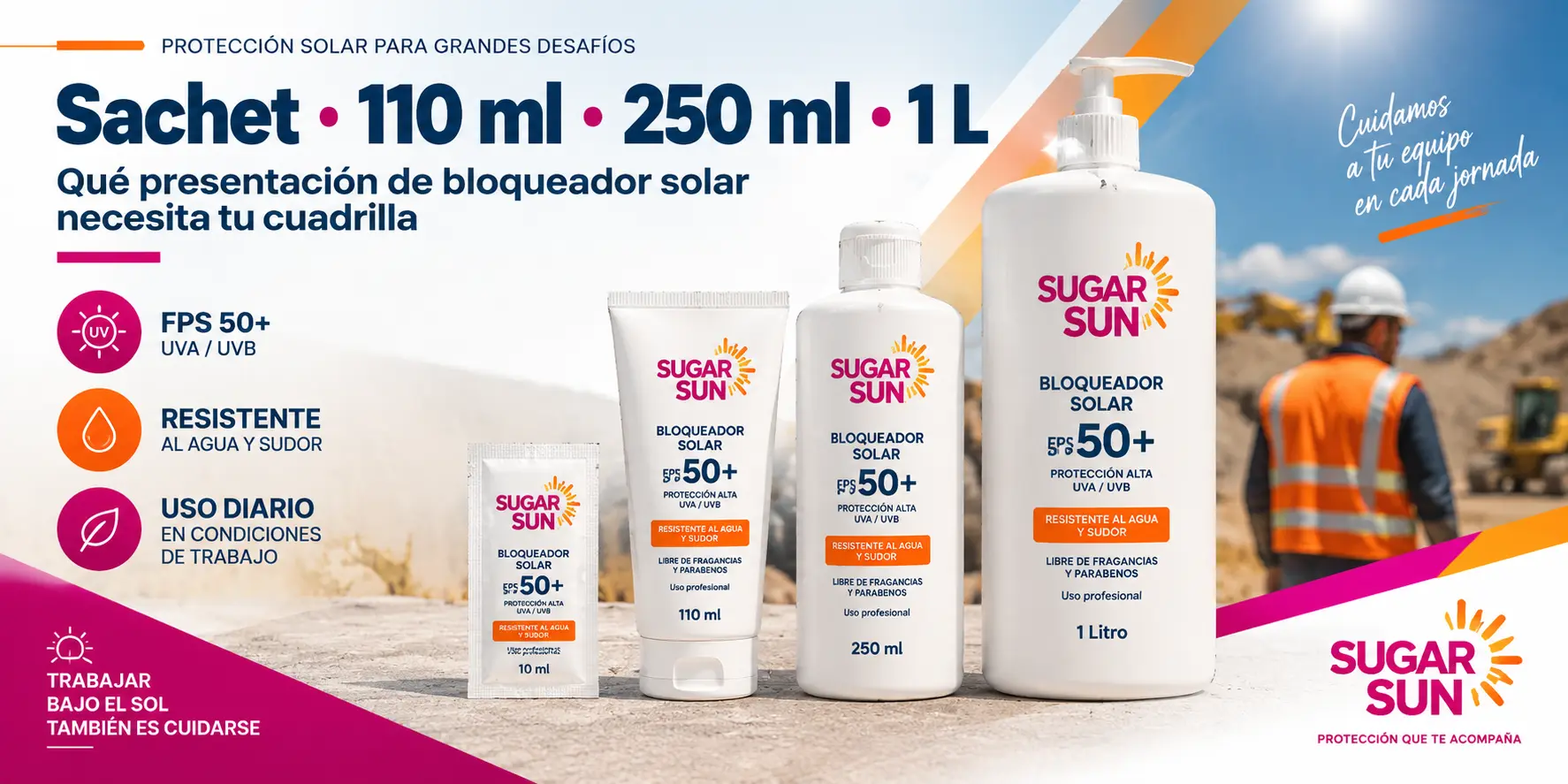 Formatos de bloqueador solar Sugar Sun: sachet, 110 ml, 250 ml y 1 litro por tamaño de cuadrilla